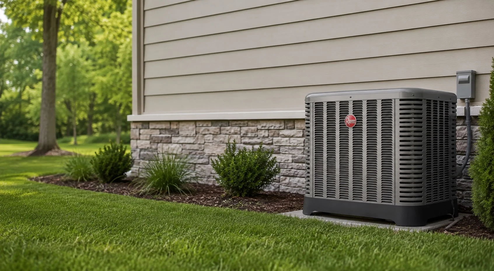 Rheem outdoor air conditioning unit beside a home with landscaped grounds